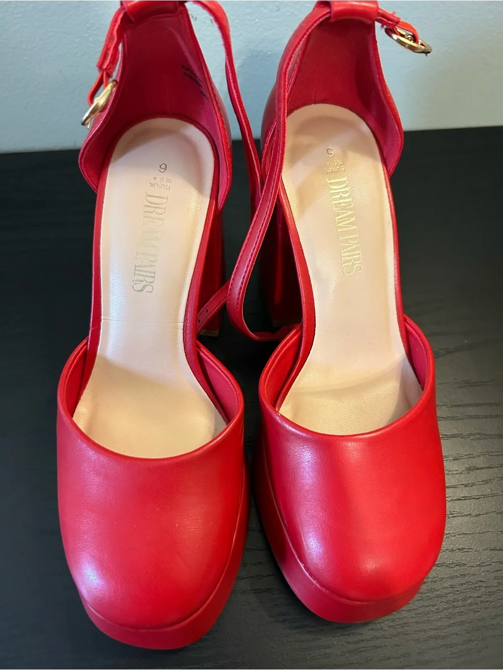 Dream Pairs Red Platform Almond-Toe Ankle-Strap Pumps